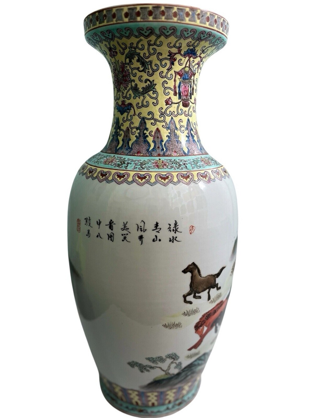 Vintage Asian Chinese Style Porcelain Flower Vase Handmade Beautiful Horses